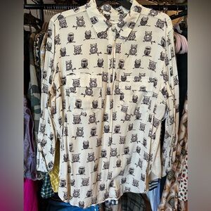 Porridge for ANTHROPOLOGIE Owl Critter Bird Print Blouse Size L Pockets
